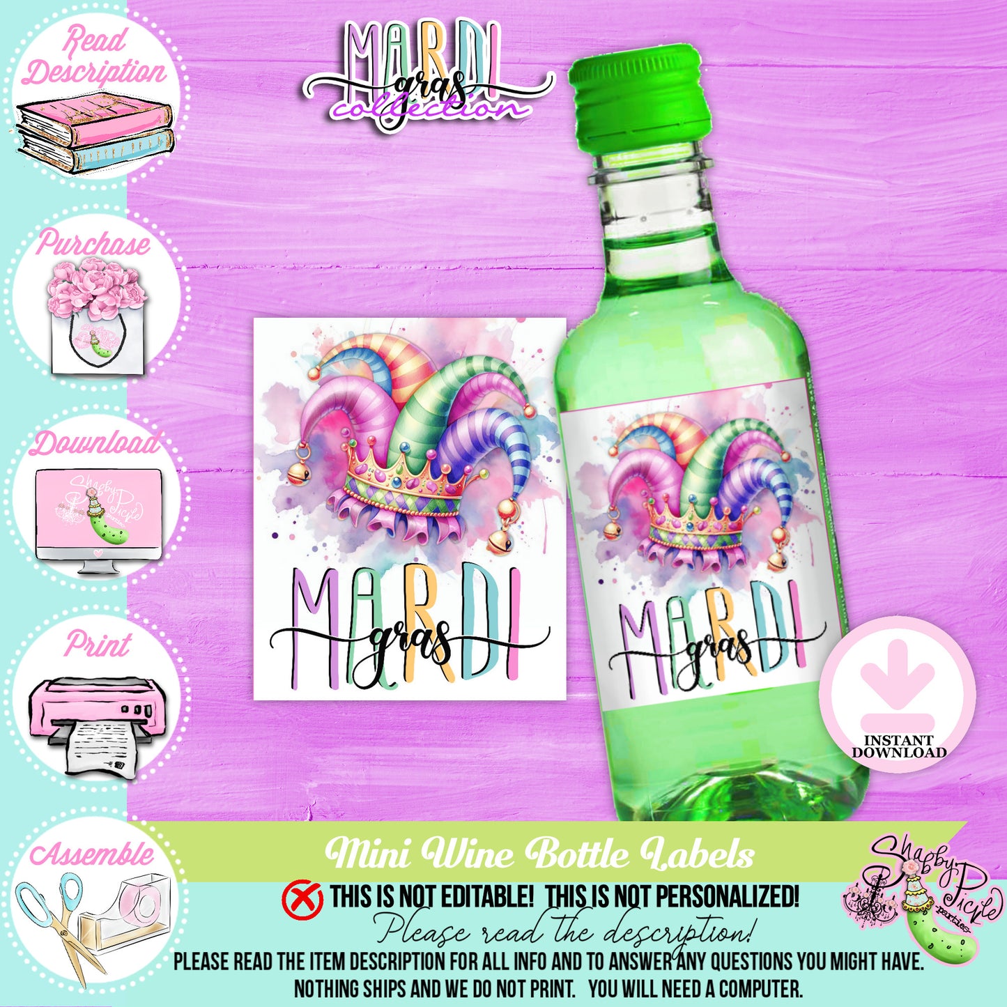 Mardi Gras-Mini Wine Bottle Labels-187ml Size Bottles-Mardi Gras Theme-Fat Tuesday-Party Printable-Digital-INSTANT DOWNLOAD