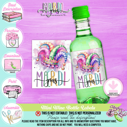 Mardi Gras-Mini Wine Bottle Labels-187ml Size Bottles-Mardi Gras Theme-Fat Tuesday-Party Printable-Digital-INSTANT DOWNLOAD