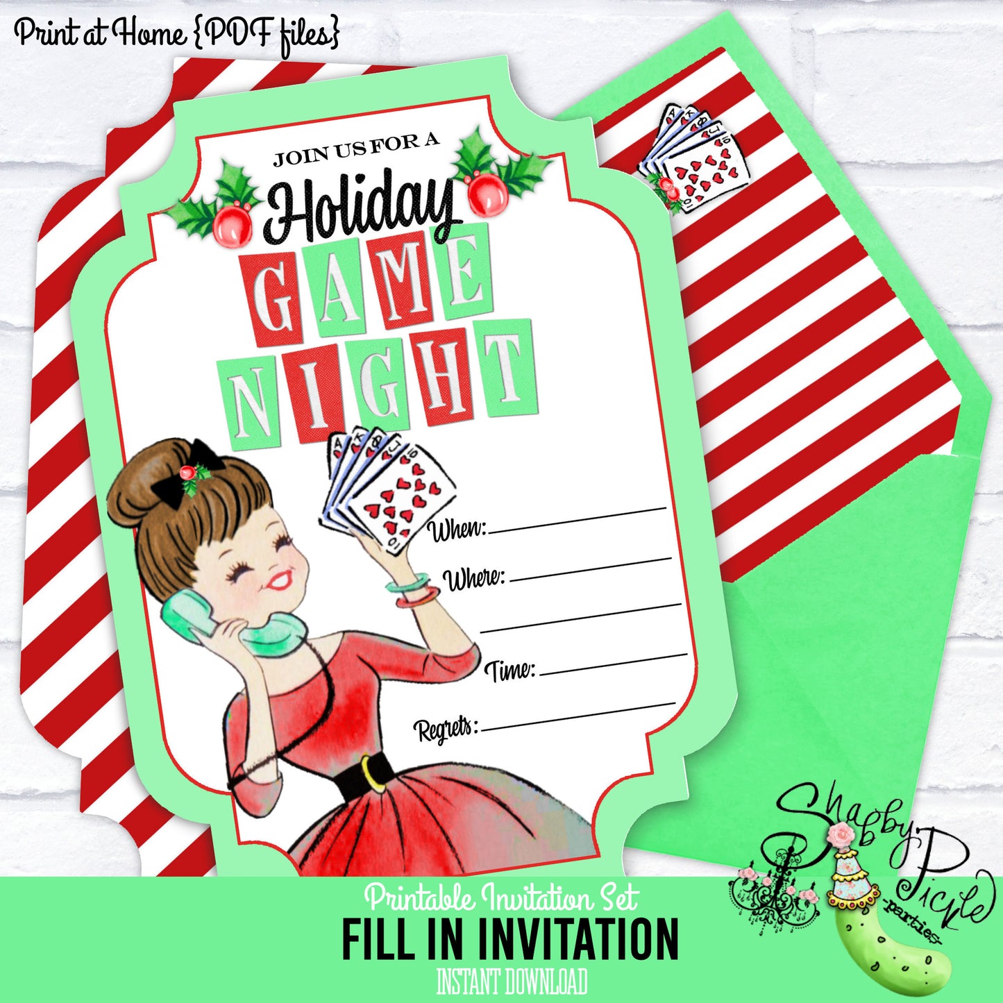 Holiday Game Night-Fill In Invitation-Holly-Christmas-Invite-Retro-Xmas-Family Game Night-Invitations-Printable-INSTANT DOWNLOAD