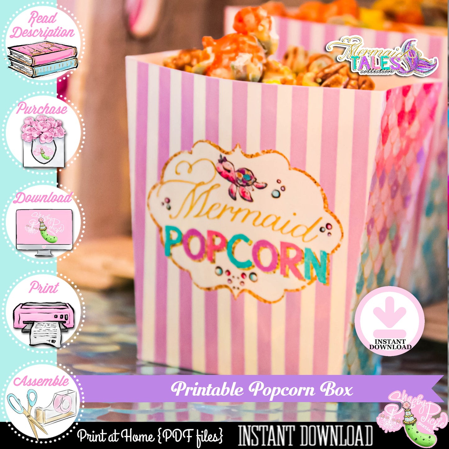 Mermaid Tails-Popcorn Boxes Template-Mermaid Popcorn Boxes-Favor Boxes-Mermaid Party-Under the Sea-Party Printable-INSTANT DOWNLOAD