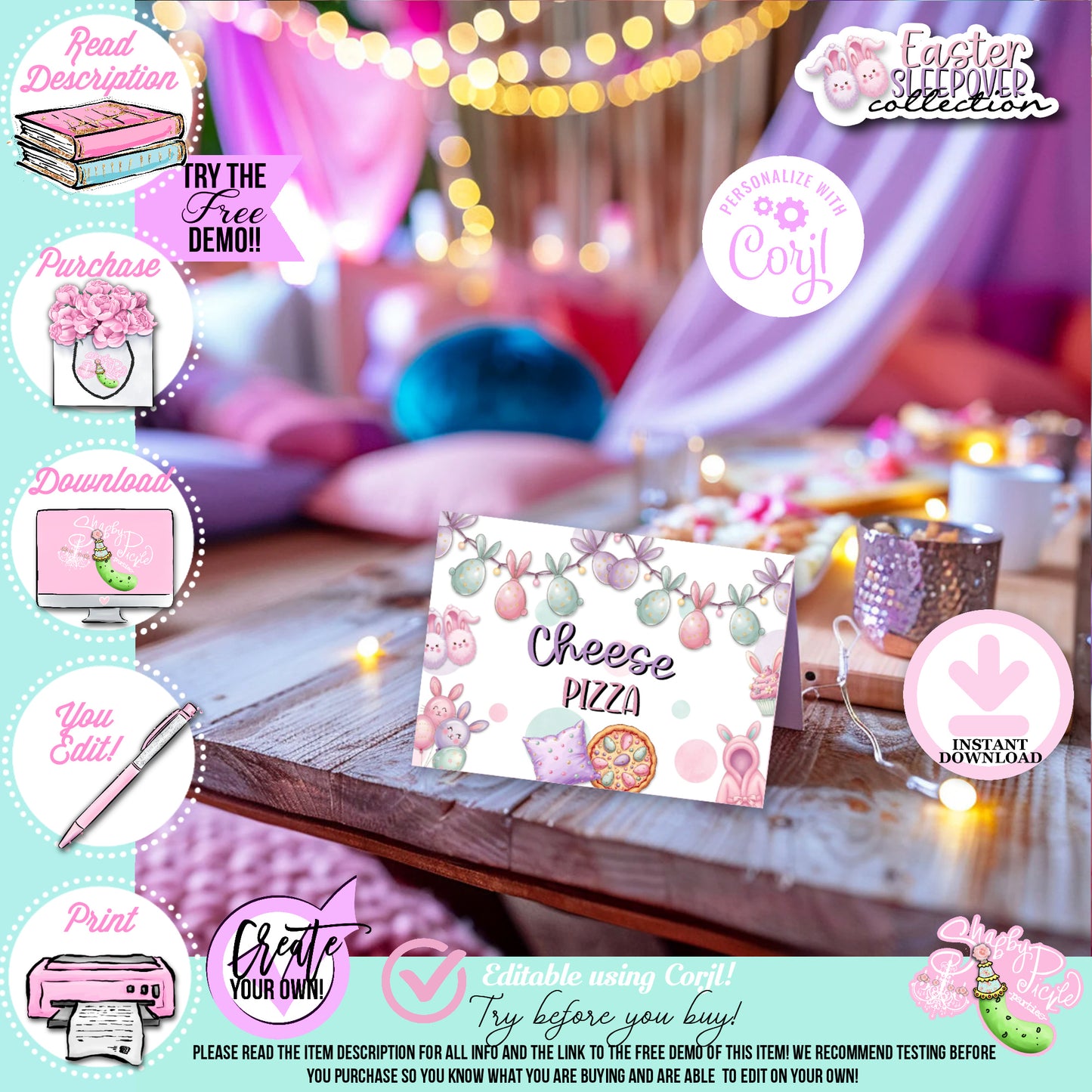 Easter Sleepover-Buffet Tent Cards-Edit in Corjl ONLY-Easter Slumber Party-Place Cards-Easter Birthday-Easter Party-Happy Birthday-Birthday Sleepover-Birthday Slumber Party-INSTANT DOWNLOAD