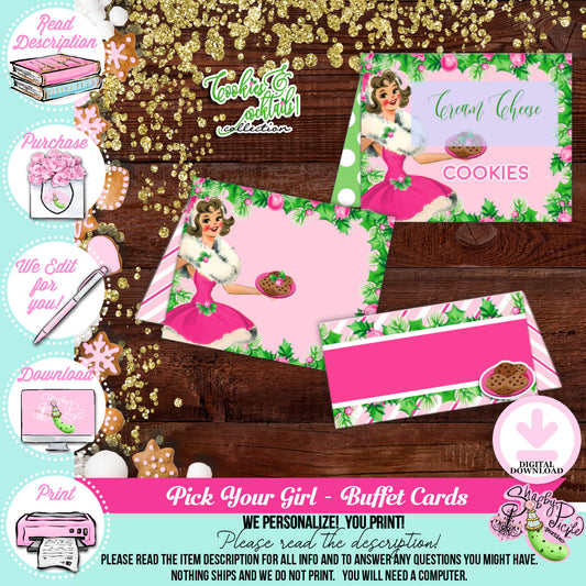 Cookies & Cocktails-Buffet Cards-Tent Cards-Pick Hair, Skin and Eye Color-We Customize Girl-Edit in Adobe Reader-Christmas Parties-DOWNLOAD