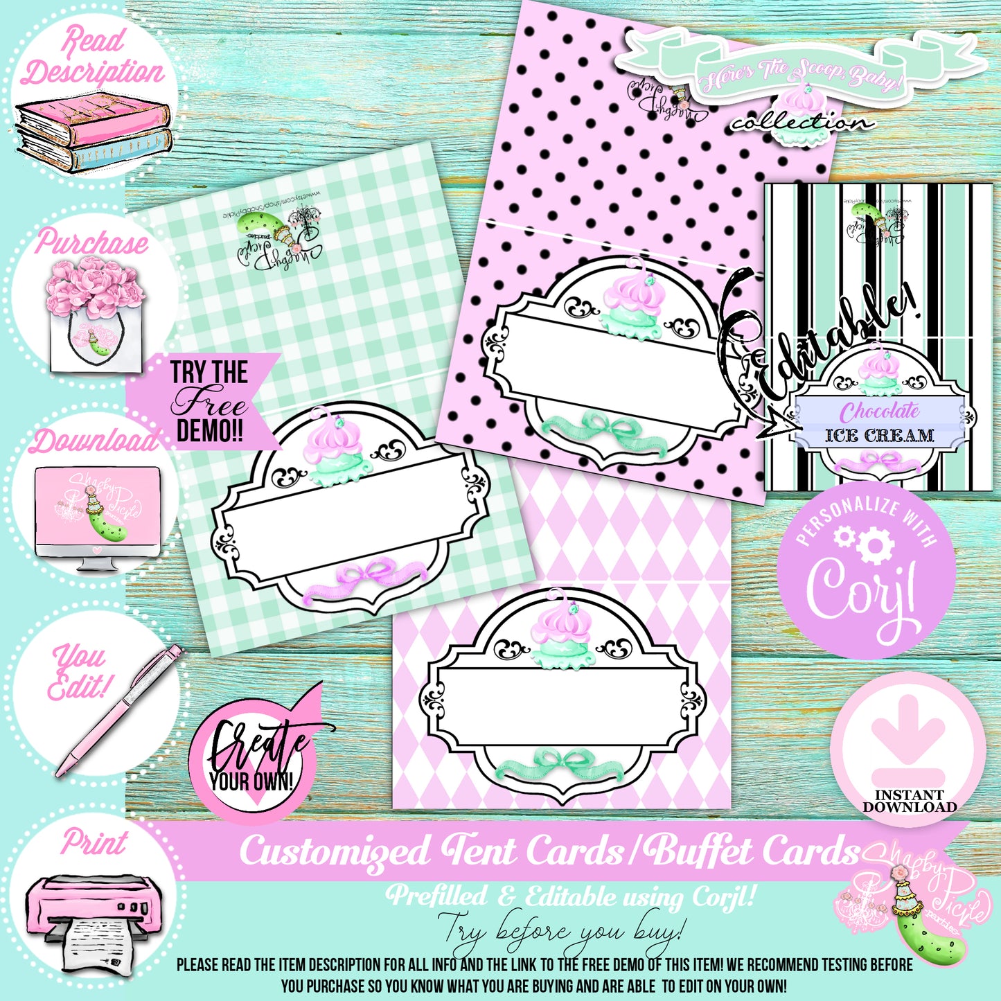 Here's The Scoop, Baby-Buffet Cards-Customize in Corjl-Ice Cream Baby Shower-Tent Cards-Edit-Place Cards-Flat Cards-Digital-INSTANT DOWNLOAD