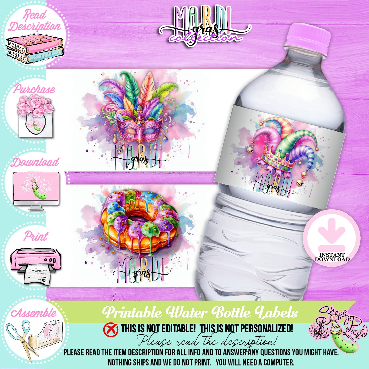 Mardi Gras-Water Bottle Labels-Water Bottles-Mardi Gras Labels-Mardi Gras Theme-Fat Tuesday-Party Printable-Digital-INSTANT DOWNLOAD