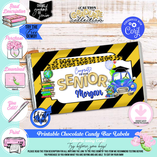 Caution Graduate-Blue-Chocolate Bar Labels-Edit in Corjl-Grad-Graduation-8th Grade Graduation-High School-College-Class of-INSTANT DOWNLOAD