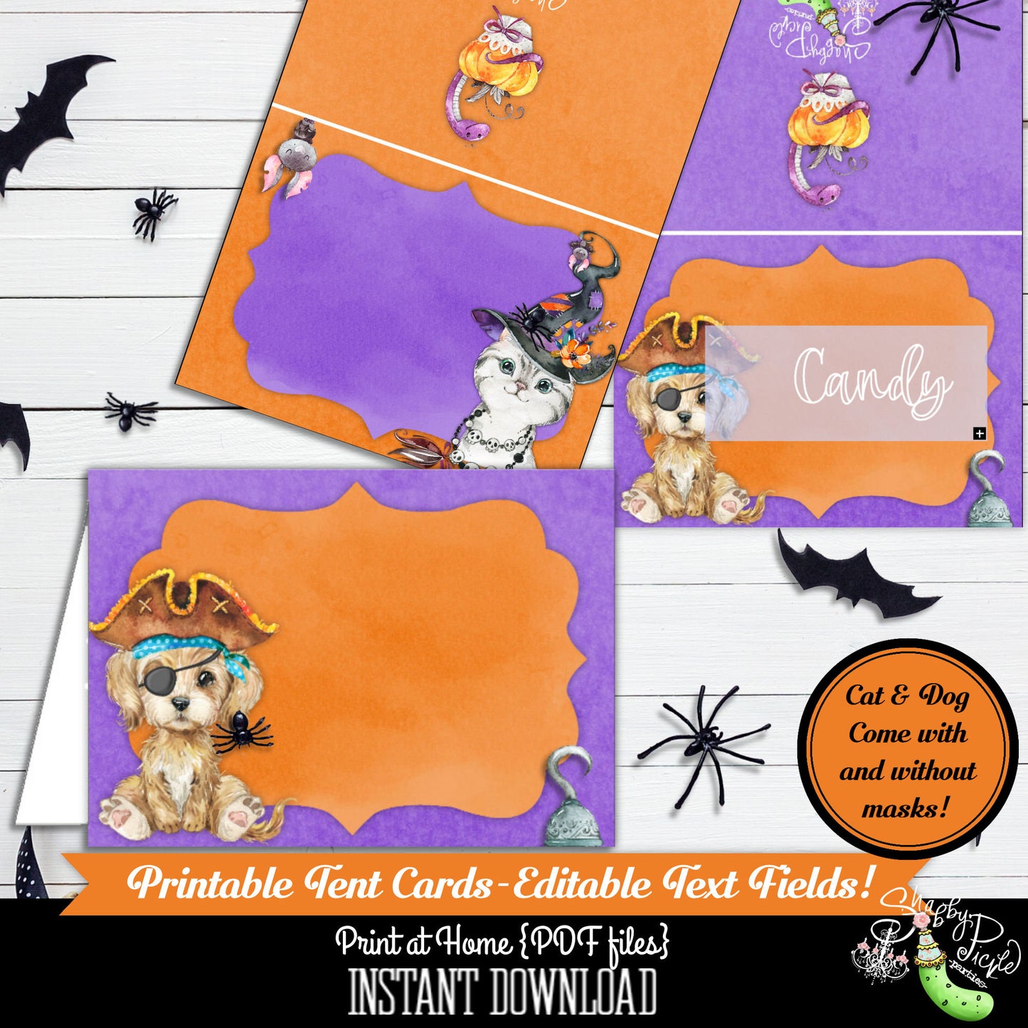 Halloween Cat & Dog-Editable Tent Cards-Halloween-Printable-Buffet Cards-Quarantine-Halloween Party-Place Card-Pirate-Witch-INSTANT DOWNLOAD