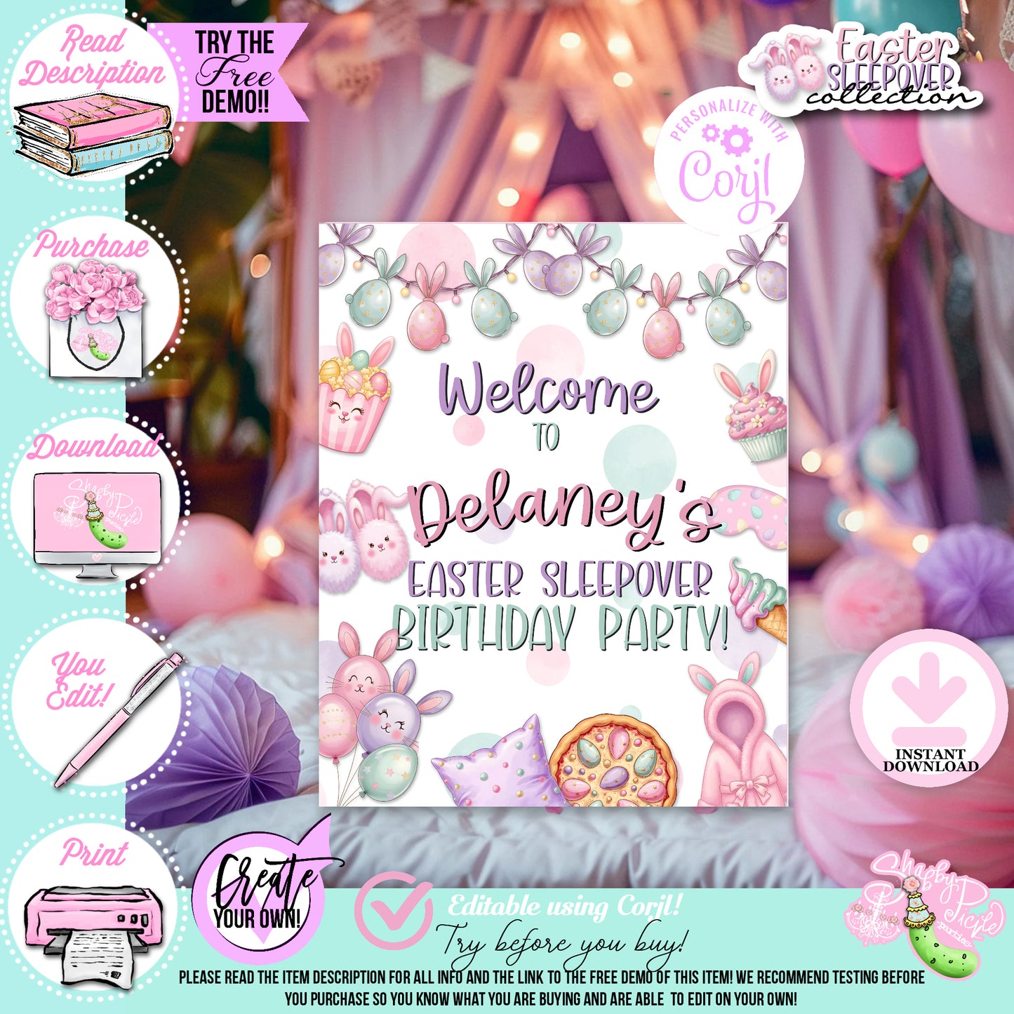 Easter Sleepover-16x20 & 8x10 Welcome Sign-Edit Name in Corjl ONLY-Easter Slumber Party-Welcome to Party Poster-Easter Birthday-Easter Party-Happy Birthday-Birthday Sleepover-Birthday Slumber Party-INSTANT DOWNLOAD