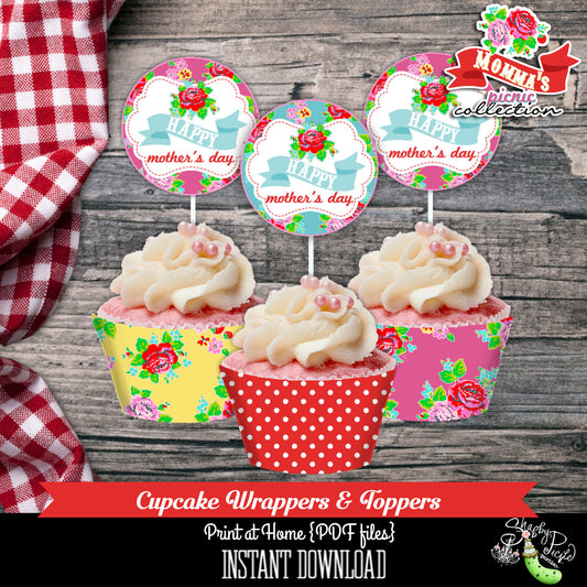 Momma's Picnic-Cupcake Wrappers and Toppers-Mother's Day Set-Party Printables-BBQ-Farmers Market-Mom-Instant Download