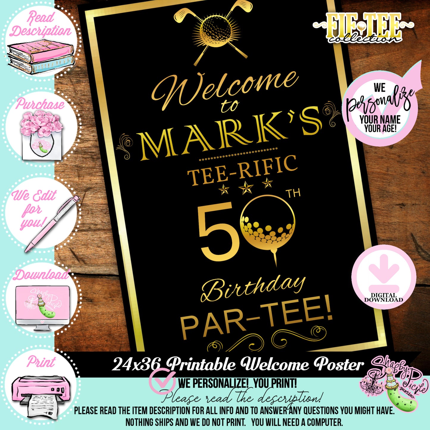 Fif-Tee-50th Golf Theme-24x36 Welcome Poster-Customized Name-Age 30th-40th-50th-60th-Party Printables-Golf Party-Men's Birthday-DOWNLOAD