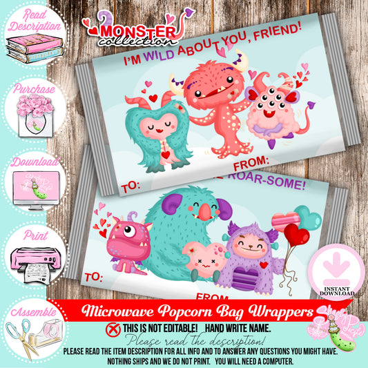 Valentine's Monsters-Valentine's Popcorn Wrapper Labels-2 Styles-Class Favors-Valentine's Day-Class Room Party-Digital-INSTANT DOWNLOAD