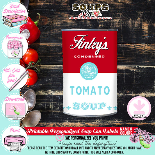 Soups On-Soup Swap Custom Soup Can Labels-We Personalize Name & Color for you-Soup Exchange-Soup Theme-Soup Party Printable-DIGITAL DOWNLOAD