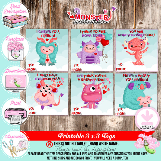 Valentine's Monsters-Valentine's Day 3x3 Tags-6 Styles-Class Favors-Valentine's Day-Class Room Party-Valentine-Digital-INSTANT DOWNLOAD