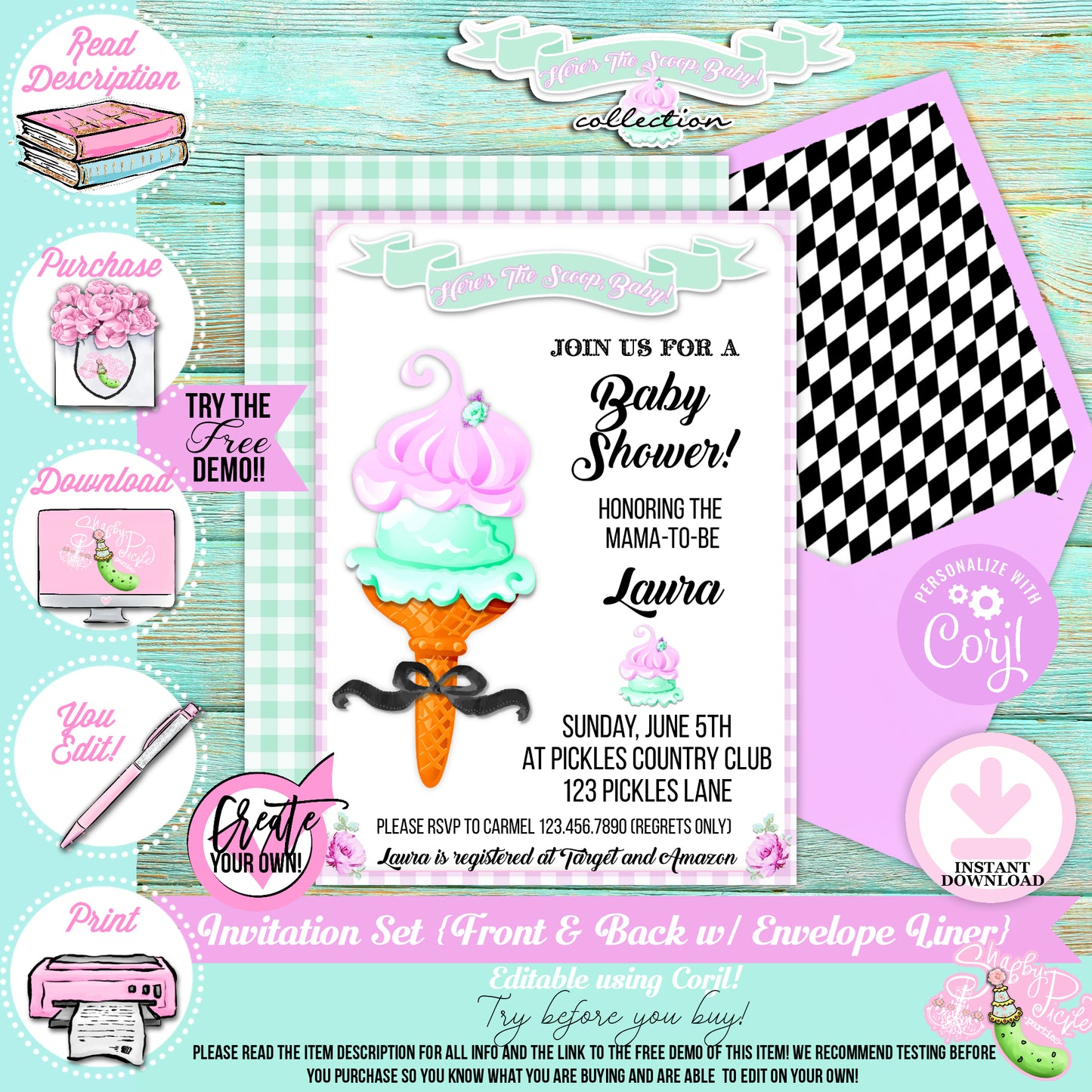 Here's The Scoop, Baby-Invitation-Customize in Corjl-Ice Cream Baby Shower-Ice Cream Baby Shower Invites-Try Demo-Digital-INSTANT DOWNLOAD