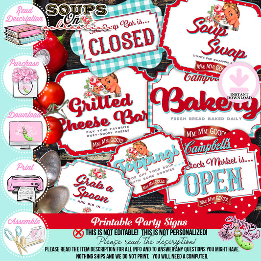 Soups On-Soup Swap Signs-23 Soup Bar Signs-Soup Swap Sign-Soup Exchange-Soup Theme-Soup Party Printable-Digital-INSTANT DOWNLOAD