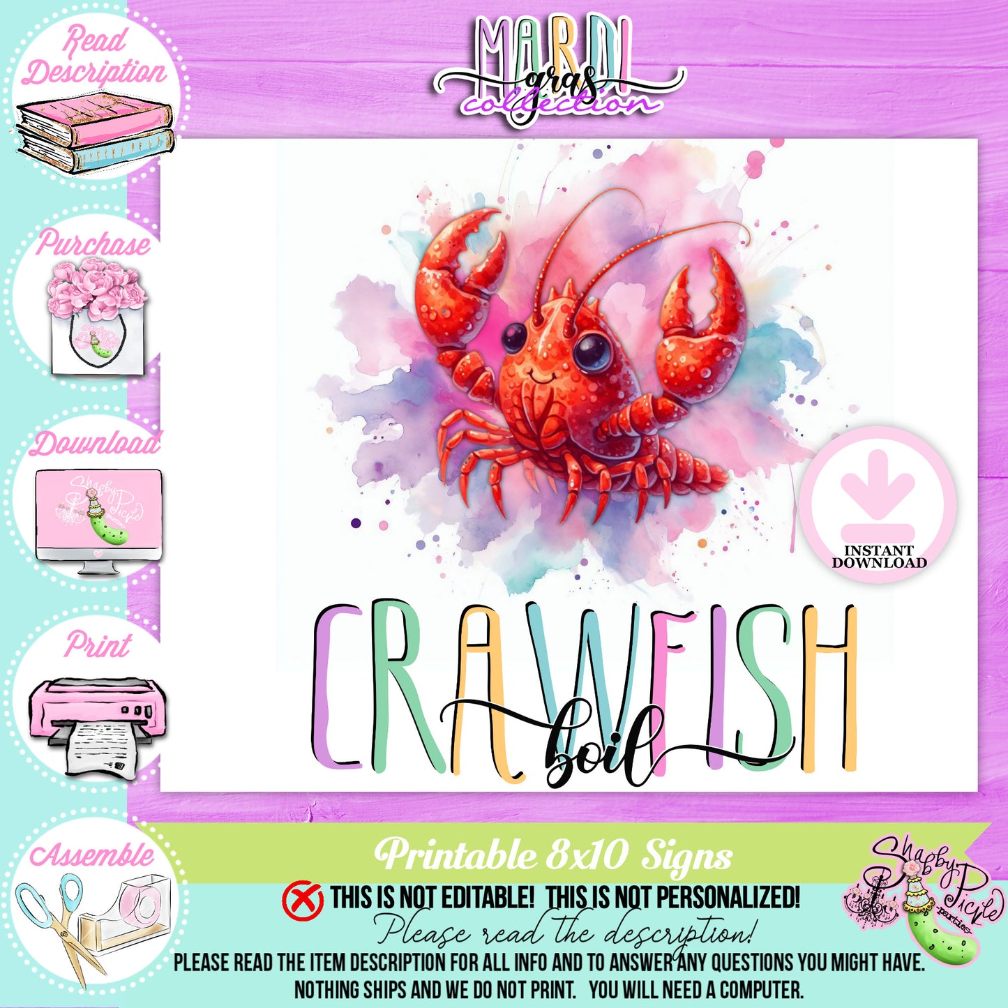 Mardi Gras-Party Signs-Mardi Gras Crawfish Boil Sign-Crawfish Sign-Mardi Gras Theme-Fat Tuesday-Party Printable-Digital-INSTANT DOWNLOAD