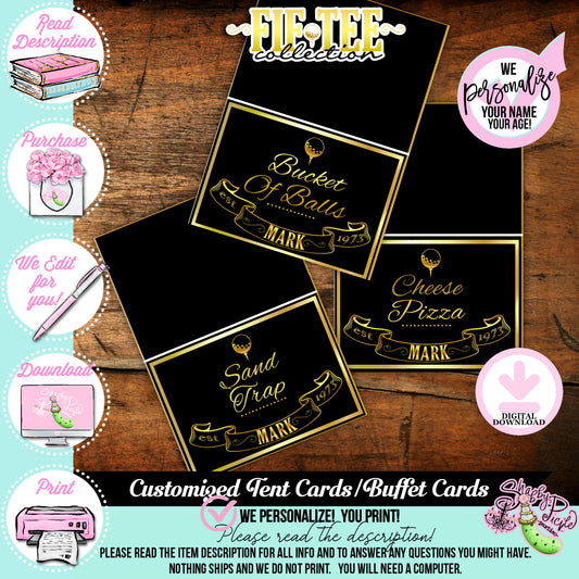 Fif-Tee-50th Golf Theme-Custom Buffet Cards-Customized Name-Age 30th-40th-50th-60th-Party Printables-Golf Party-Men's Birthday-DOWNLOAD