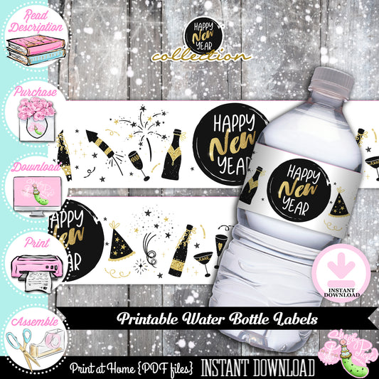 New Years-Gold-Water Bottle Labels-Drink Wrappers-Water Bottle Wrapper-New Year's Eve Party-Printable-Happy New Year-INSTANT DOWNLOAD