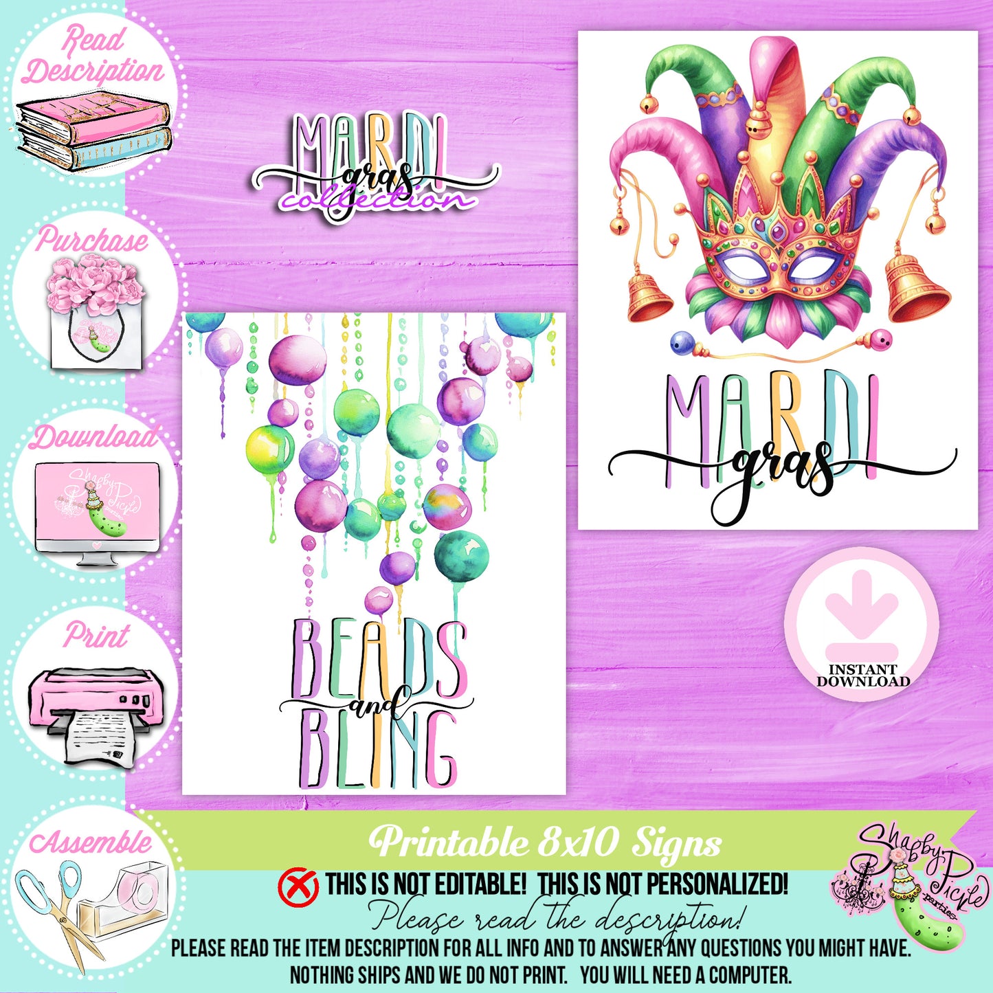 Mardi Gras-Party Signs-Mardi Gras Sign-Beads and Bling Sign-Mardi Gras Theme-Fat Tuesday-Party Printable-Digital-INSTANT DOWNLOAD