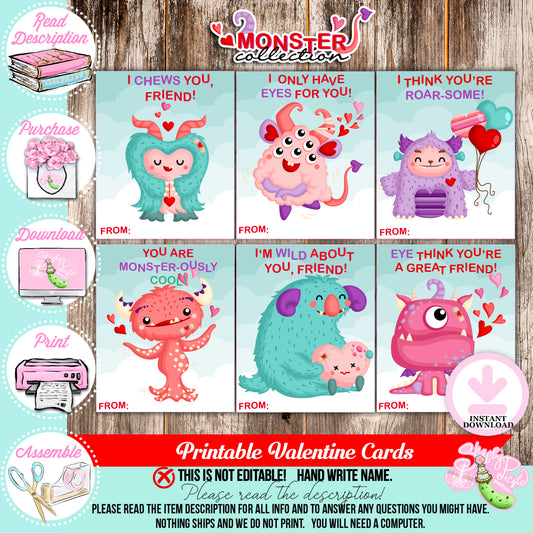 Valentine's Monsters-Valentine's Day Cards-6 Styles-Class Favors-Valentine's Day-Class Room Party-Valentine-Digital-INSTANT DOWNLOAD