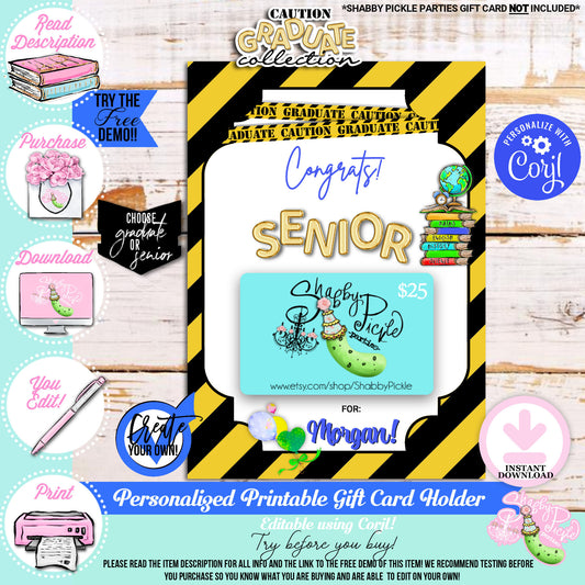 Caution Graduate-Blue-Gift Card Holder-Edit in Corjl-Grad-Graduation-8th Grade Graduation-High School-College-Class of-INSTANT DOWNLOAD