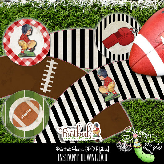 Vintage Football-Cupcake Toppers & Wraps-Party Printables-Circles-Superbowl Sunday Parties-Super Bowl-Sports-Referee-DIY--INSTANT DOWNLOAD