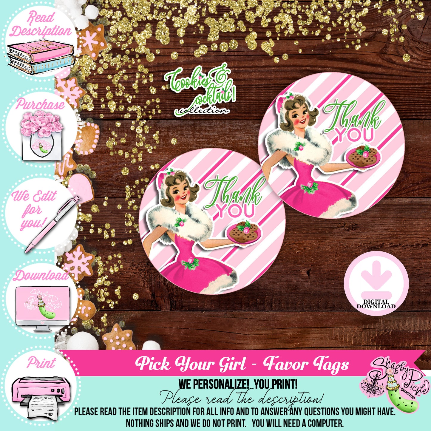 Cookies & Cocktails-Favor Tags-Pick Hair, Skin and Eye Color-We Customize Girl-Party Printables-Christmas Parties-Girls Night-DOWNLOAD