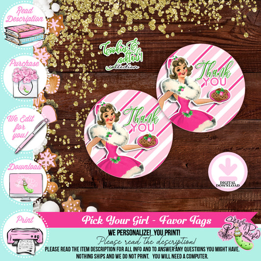 Cookies & Cocktails-Favor Tags-Pick Hair, Skin and Eye Color-We Customize Girl-Party Printables-Christmas Parties-Girls Night-DOWNLOAD