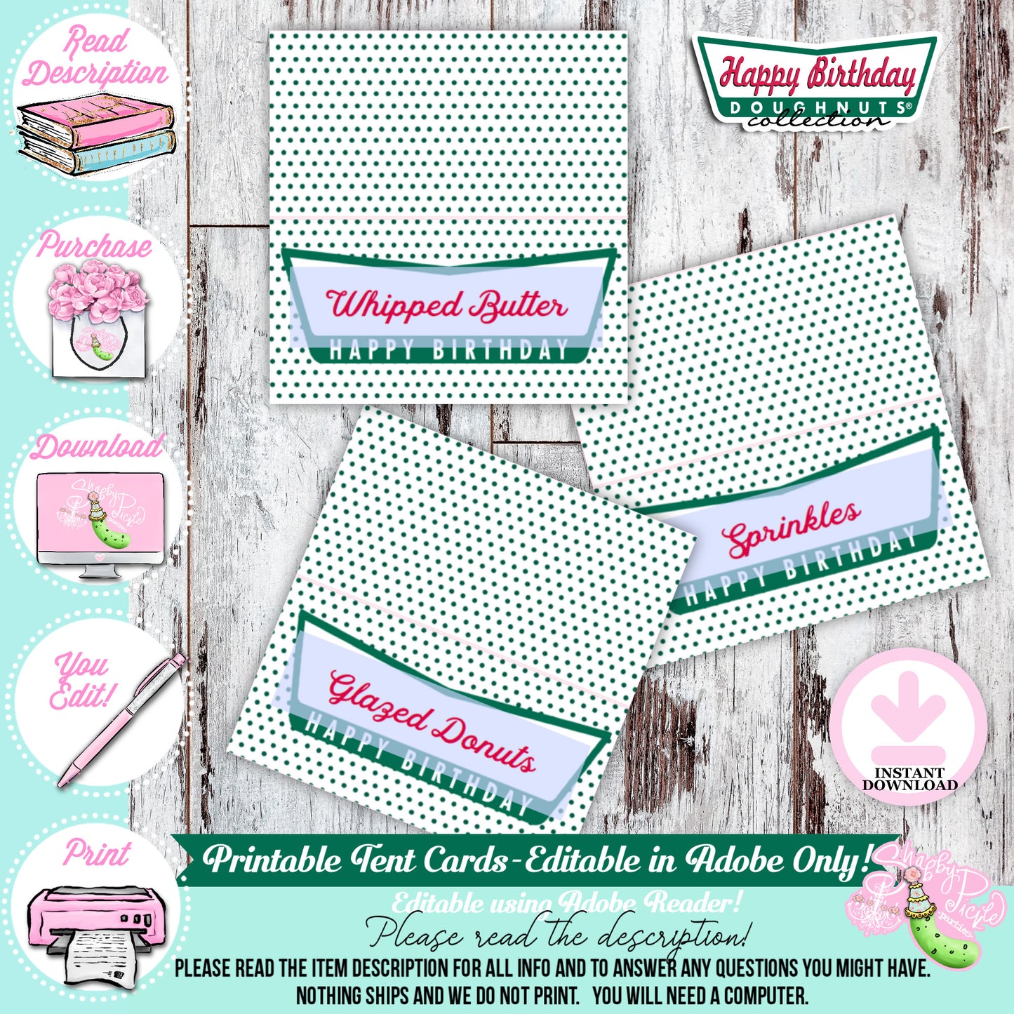 Krispy Kreme Birthday-Buffet Cards-Editable in Adobe-Tent Cards-Krispy Kreme Donuts-Donut Theme-Party Printable-Digital-INSTANT DOWNLOAD
