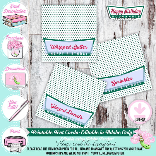 Krispy Kreme Birthday-Buffet Cards-Editable in Adobe-Tent Cards-Krispy Kreme Donuts-Donut Theme-Party Printable-Digital-INSTANT DOWNLOAD