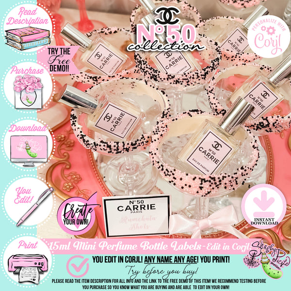 Chanel No50-15ml Perfume Bottle Labels-ANY AGE!-Editable in Corjl Only ...