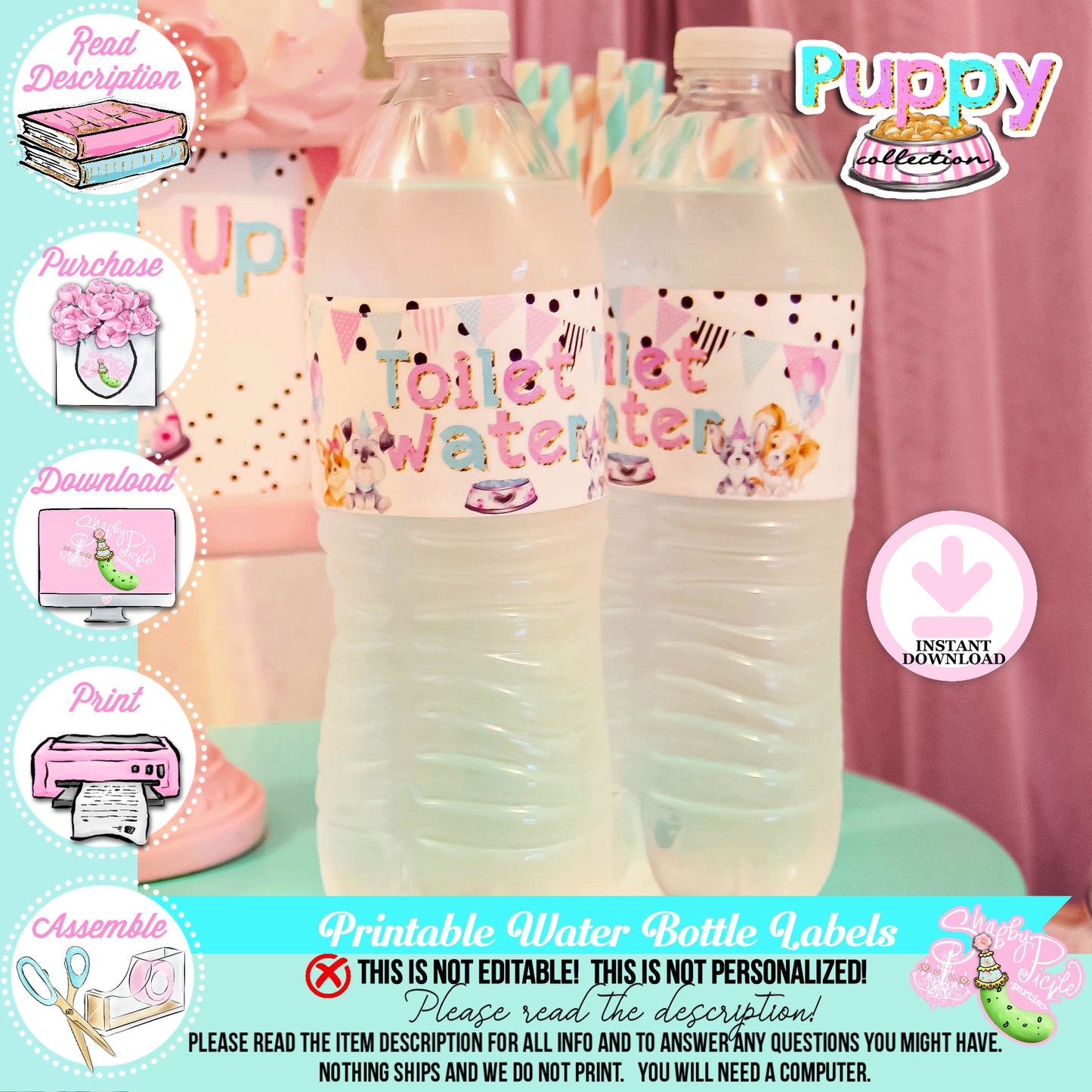 Puppy Pawty-Water Bottle Labels-Water Bottle Wrappers-Toilet Water-Favor Labels-Puppy Party Printable-Birthday-Digital-INSTANT DOWNLOAD