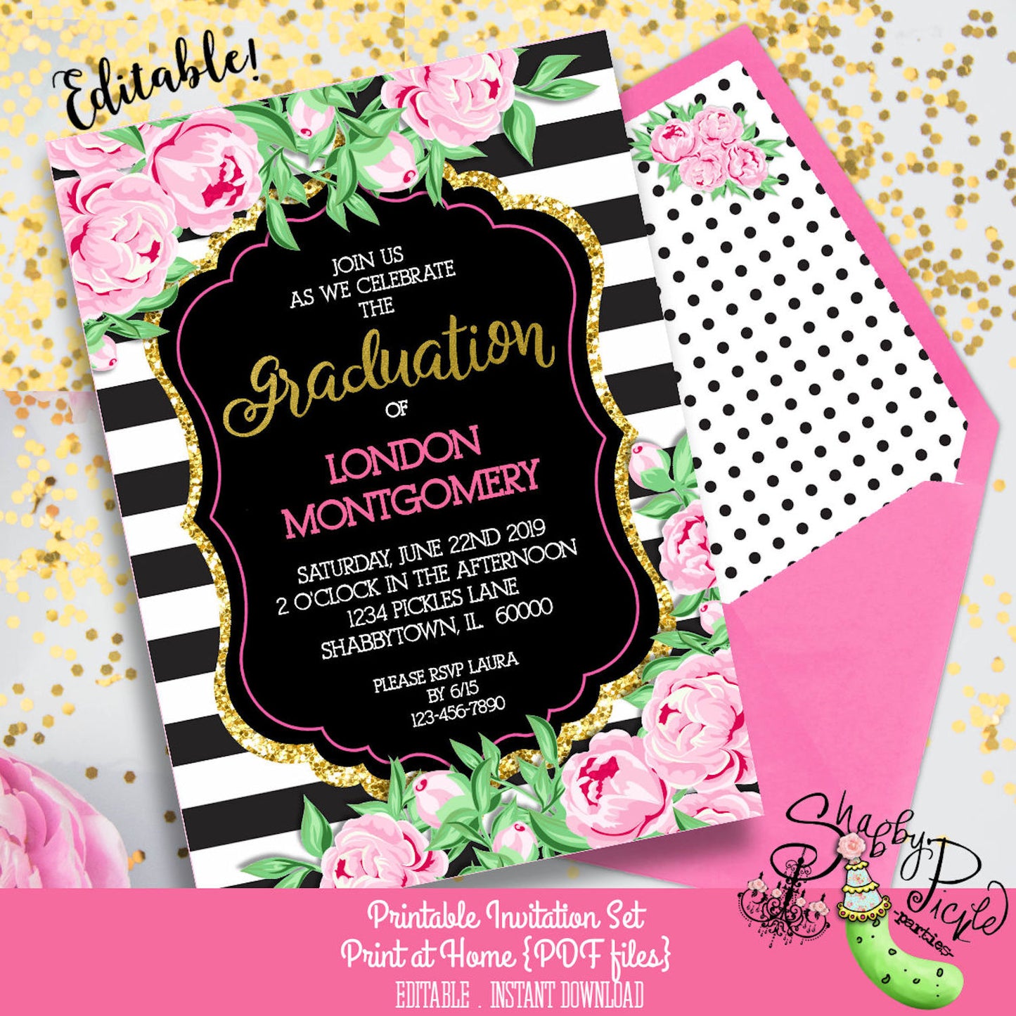 Kate Spade Graduation Invitation-Thank You Card-Class of 2024-Grad-Graduate-EDITABLE-High School Graduate-Invite-Printable-INSTANT DOWNLOAD