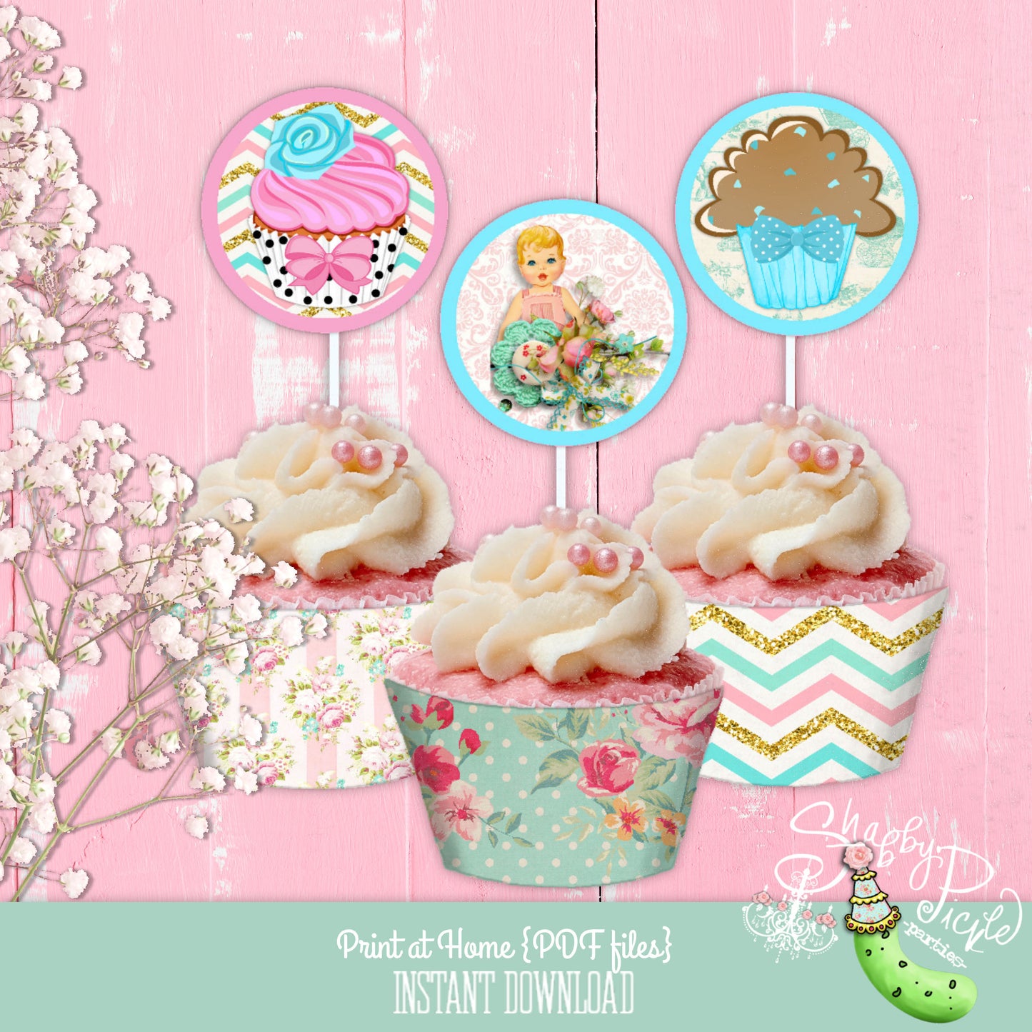 Shabby Baby-Cupcake Wraps & Toppers-Party Printables-Shabby Chic Parties-Gender Reveal-Baby Shower-Digital Decorations-INSTANT DOWNLOAD