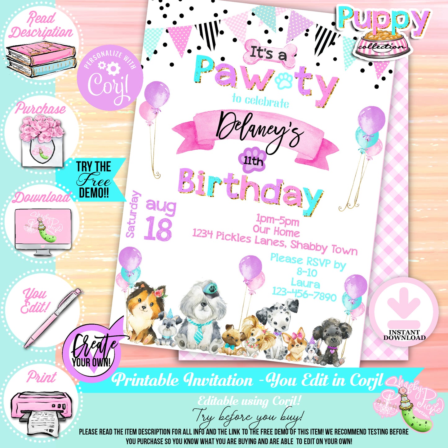 Puppy Pawty-Invitation-Edit in Corjl-Customize-Editable Invite-Party Invite-Puppy Party-Birthday-Personalize-Digital-INSTANT DOWNLOAD