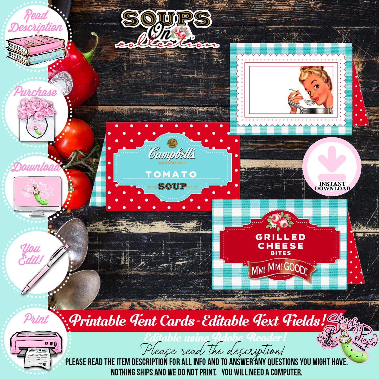 Soups On-Soup Swap Buffet Cards-Prefilled & Editable in Adobe-Buffet Cards-Soup Exchange-Soup Theme-Soup Party Printable-INSTANT DOWNLOAD