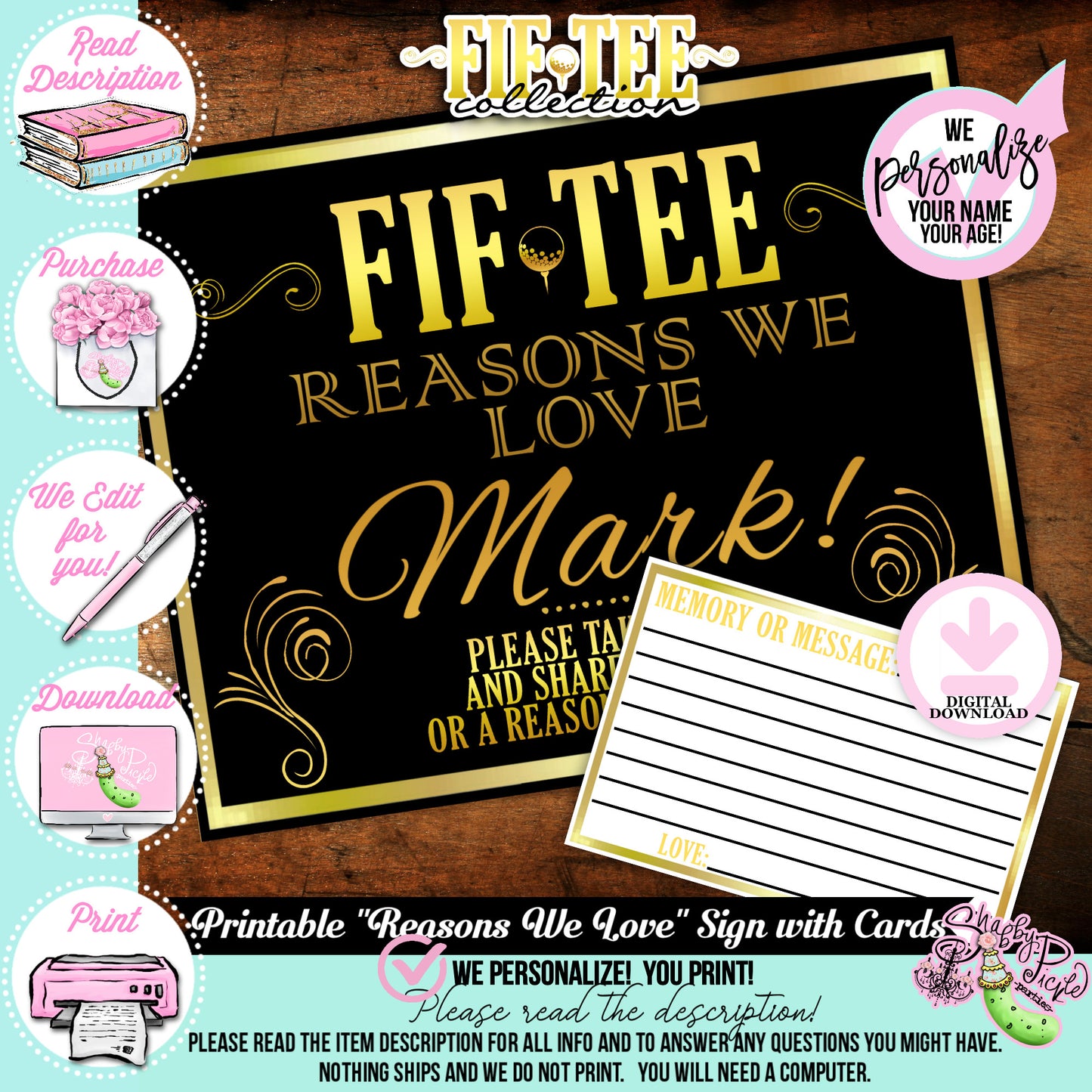 Fif-Tee-50th Golf Theme-Reasons We Love-Customized Name-Age 30th-40th-50th-60th-Party Printables-Golf Party-Men's Birthday-DOWNLOAD