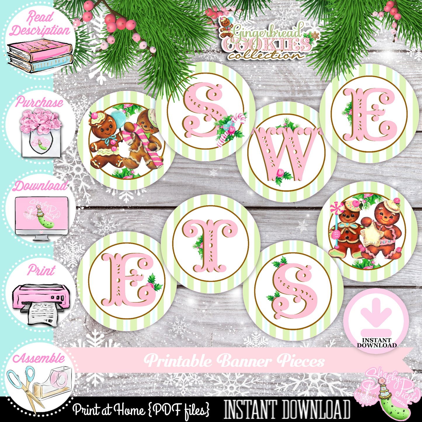 Gingerbread Cookies-Banner Pieces-Sweets Banner-Cookie Decorating-Gingerbread Decorating-Printable-Christmas Party-INSTANT DOWNLOAD