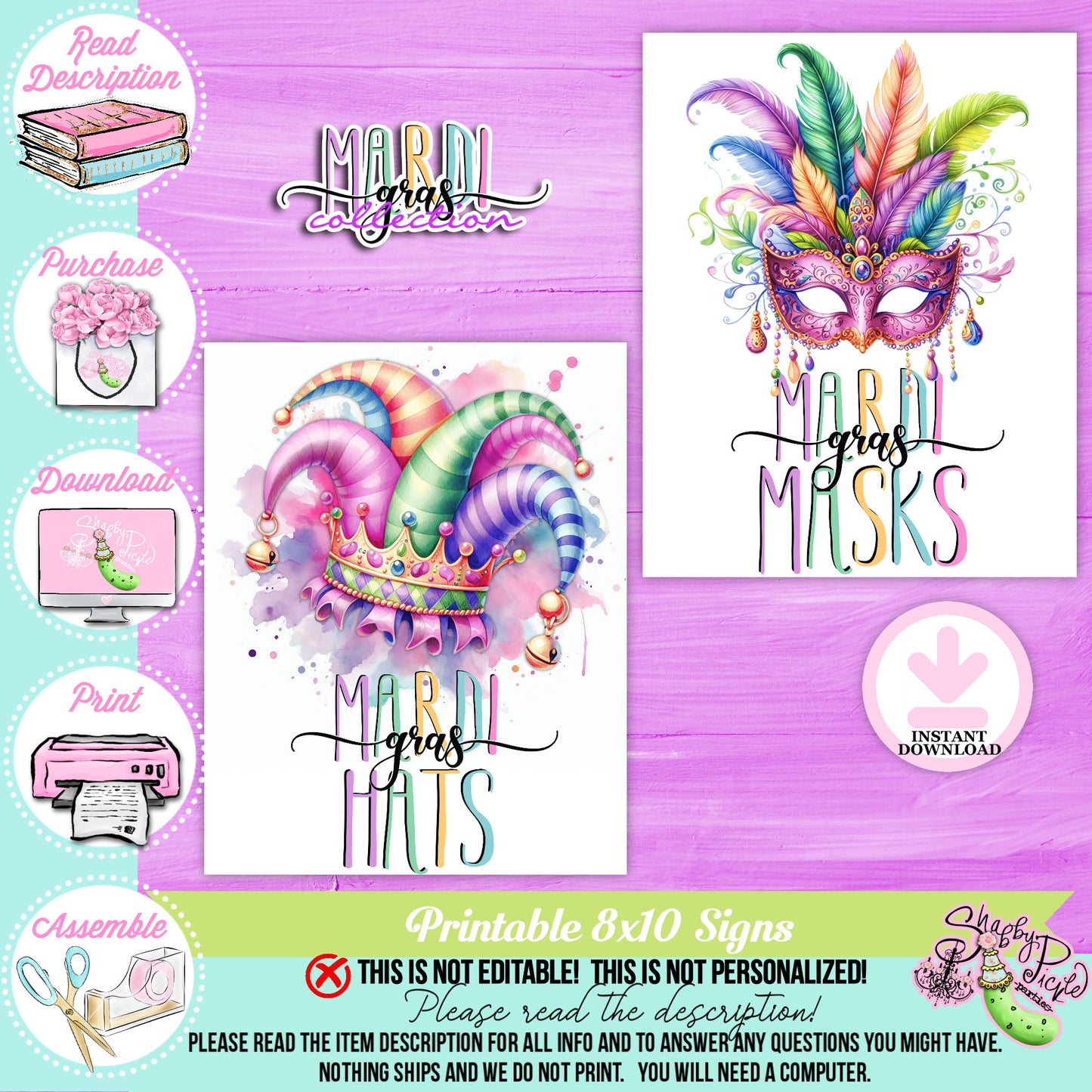 Mardi Gras-Party Signs-Mardi Gras Masks Sign-Mardi Gras Hats Sign-Mardi Gras Theme-Fat Tuesday-Party Printable-Digital-INSTANT DOWNLOAD