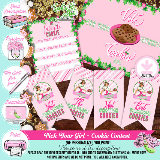 Cookies & Cocktails-Cookie Contest-Pick Hair, Skin and Eye Color-We Customize Girl-Cookie Exchange-Voting Cards-Christmas Parties-DOWNLOAD