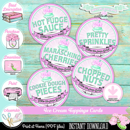 Here's The Scoop, Baby-3" Round Buffet Cards-Customize in Corjl-Ice Cream Baby Shower-Ice Cream Topping Cards-Edit-Digital-INSTANT DOWNLOAD