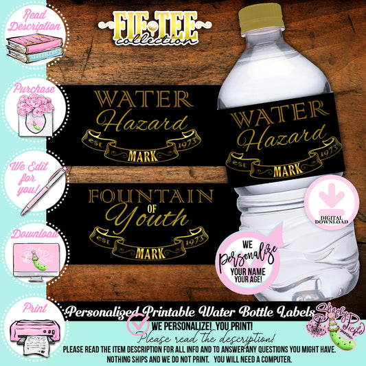 Fif-Tee-50th Golf Theme-Water Bottle Labels-Customized Name-Age 30th-40th-50th-60th-Party Printables-Golf Party-Men's Birthday-DOWNLOAD