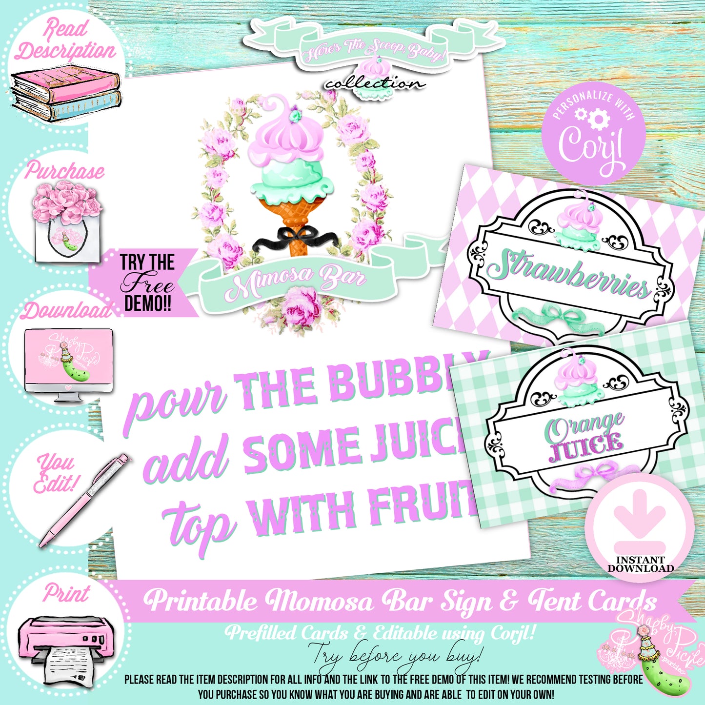 Here's The Scoop, Baby-Mimosa Bar-Ice Cream Baby Shower-Labels-Ice Cream Cupcakes-Cupcake Rounds-Digital-INSTANT DOWNLOAD