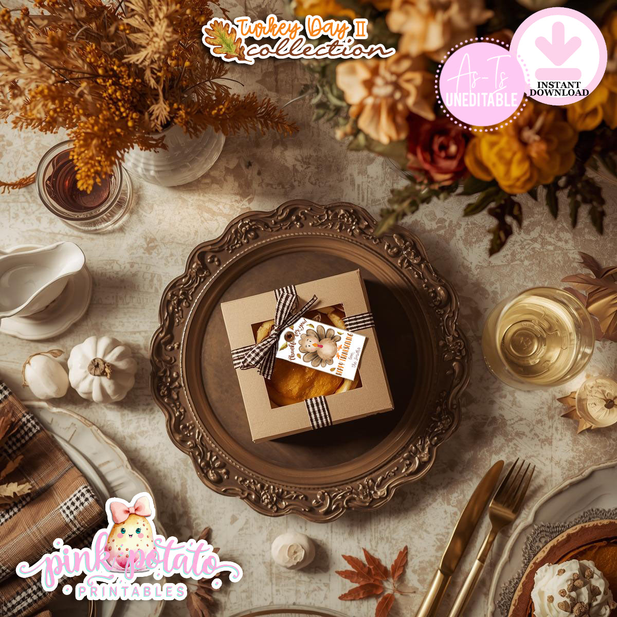 Turkey Day II-Editable Favor Tags-Printable-You Edit Name Only-Favor Cards-Thanksgiving Dinner-Holiday Party-INSTANT DOWNLOAD