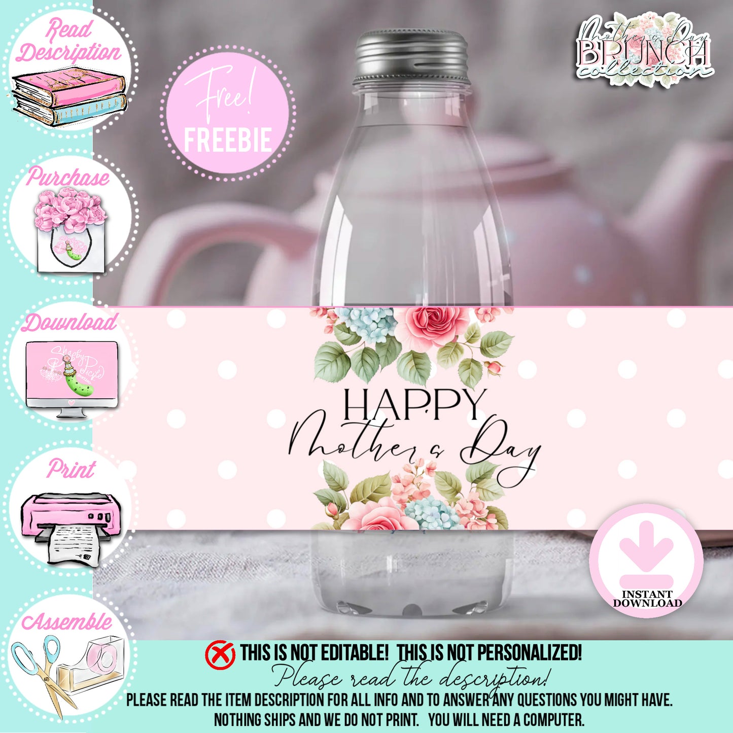 Mother's Day Brunch-Water Bottle Labels-Mothers Day Party-Mother's Day Tea-Mother's Day Lunch-Potluck Party-Grandmother-Grandma-Mama-Mommy-Mom-INSTANT DOWNLOAD