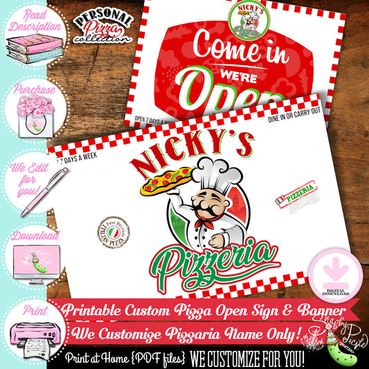 Personal Pizza-Pizza Banner & Open Sign-We Customize Pizzeria Name (Only)-Playset-Pizza Party-Kids Pizza Shop-Printable-DIGITAL DOWNLOAD