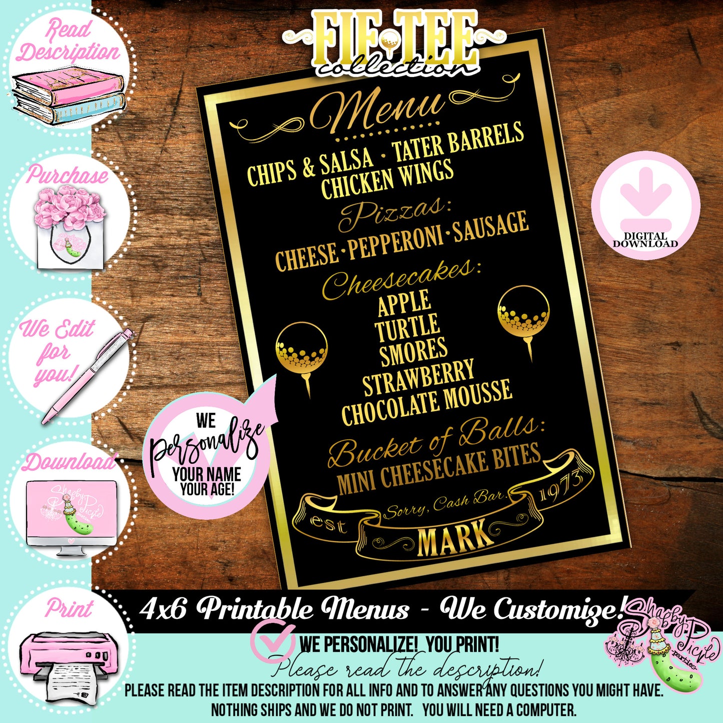 Fif-Tee-50th Golf Theme-Custom Menus-Customized Name-Age 30th-40th-50th-60th-Party Printables-Golf Party-Mens Birthday-DOWNLOAD