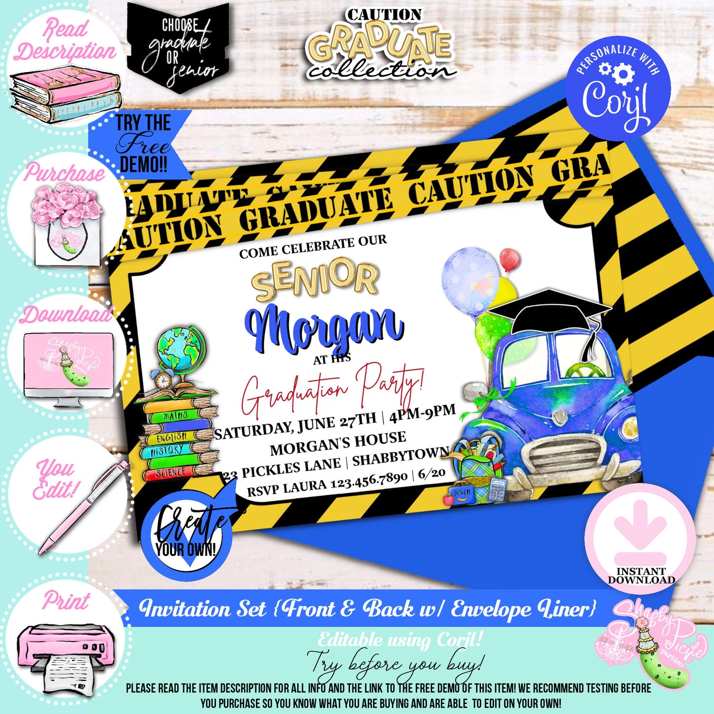 Caution Graduate-Blue-Invitation Set-Edit in Corjl-Grad-Graduation-8th Grade Graduation-High School-College-Class of-INSTANT DOWNLOAD