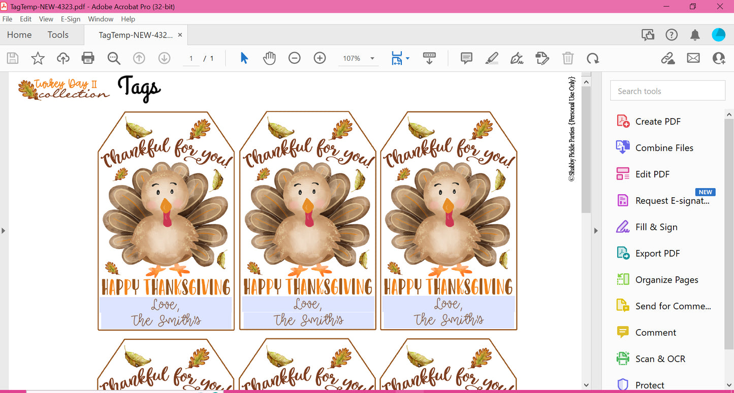 Turkey Day II-Editable Favor Tags-Printable-You Edit Name Only-Favor Cards-Thanksgiving Dinner-Holiday Party-INSTANT DOWNLOAD