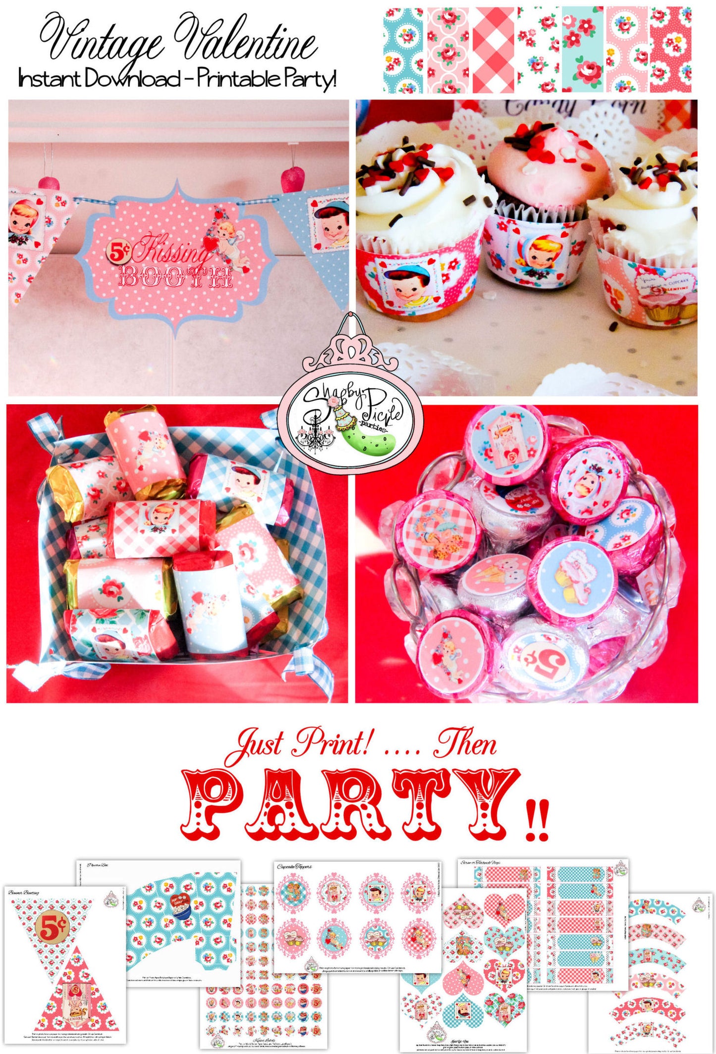 Vintage Valentine Full THEME Party Printable-Birthday Party-Shower-Shabby Chic Valentines Day Parties-Digital Decorations-INSTANT DOWNLOAD