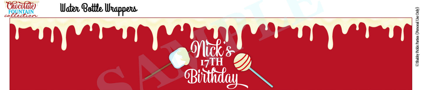 Chocolate Fountian Birthday-Water Bottle Labels-We Customize-Personalized Name and Age-Dessert Table-Printable-DIGITAL DOWNLOAD